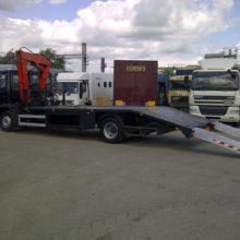 We built and fitted a beaver tail body with Hiab crane onto this Mercedes to enable it to transport cars.
