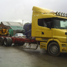 Our company converted the chassis on this bonneted Scania T cab and fitted a tag axle taking it from a 4x2 to a 6x2. The customer then fitted his own box body to the vehicle.
